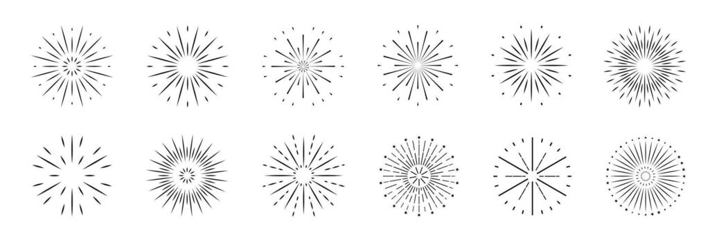 Set of black Firework icons. Firecracker with stars and sparks isolated on white background. Simple Round sunburst, radial frame. Flat style. design for New year, birthday decoration. vector