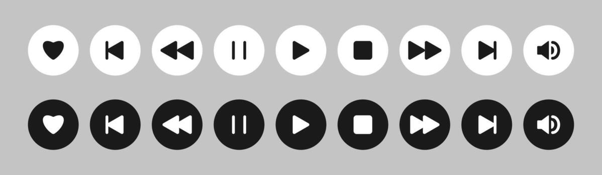 Music player icon set in round frame. Play, pause, next, previous like and settings symbol in black and white color. Interface Buttons sign in flat style. Audio devise control symbol vector