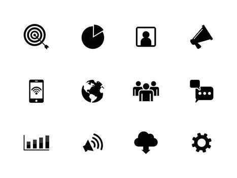 Set of black and white solid business and finance icons in including target, pie chart, user profile, megaphone, smartphone with wifi, globe, team and more vector