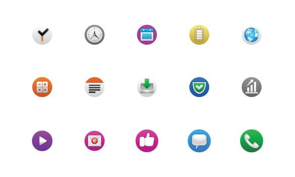 Modern Apps Icon Collection vibrant set of 15 circular, 3D style icons for mobile and web UI, time, calendar, communication, email, phone, message, and security vector