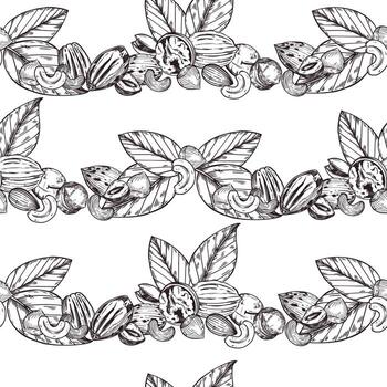 Seamless Pattern, Macadamia Nuts, Walnut, Pecan, Cashew, Hazelnut, Tree Leaves. All objects are hand-drawn with ink. For printing on packaging, kitchen textiles, tableware and decor vector