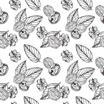 Seamless pattern of walnut, walnut leaves, peeled walnut. All objects are hand-drawn with ink. Illustration suitable for printing on wrapping paper, product packaging. illustration vector