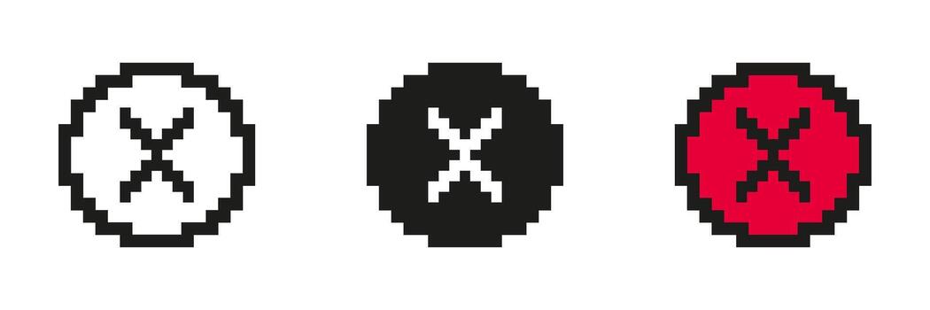 Pixel Art Cross In Circle Icon Set. Pixelated Cross Inside Circle, Symbol Of Cancellation Or Rejection. Isolated Illustration vector