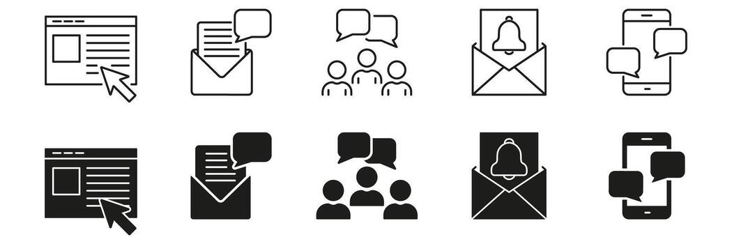 Communication And Notification Line And Solid Icon Set. Email, Messaging, And Alert Symbol Collection. Digital Interaction And Connectivity Representation. Isolated Illustration vector
