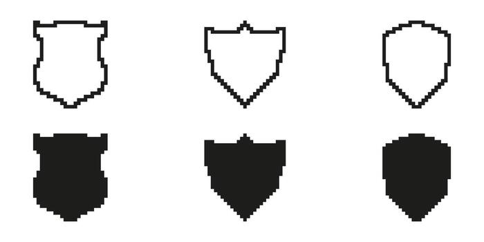 Pixel Art Shield Icon Set. Security And Protection Symbol Collection. Various Shield Designs In Pixelated Style. Isolated Illustration vector