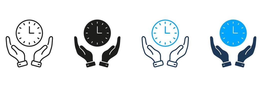 Hands Holding Clock Line And Solid Icon Set. Time Management, Efficiency, And Productivity Symbol Collection. Prioritization And Scheduling Concept. Isolated Illustration vector