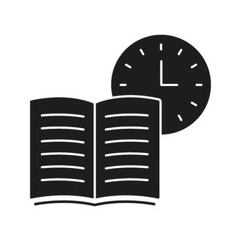 Open Book With Clock Solid Icon. Time Management, Study Scheduling, And Reading Planning Silhouette Symbol. Educational Efficiency. Isolated Illustration vector