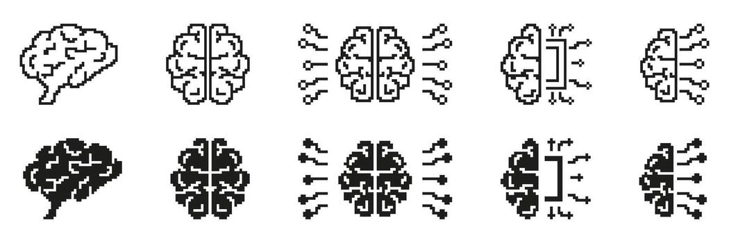 Pixel Art Brain And Circuit Icon Set. Neural Network And Artificial Intelligence Pixelated Symbol Collection. Illustrates The Fusion Of Human Brain And Technology. Isolated Illustration vector