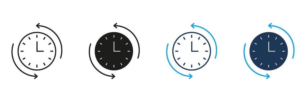 Clock With Arrows Line And Solid Icon Set. Time Management, Scheduling, And Process Rotation Symbol Collection. Efficient Workflow And Task Planning. Isolated Illustration vector