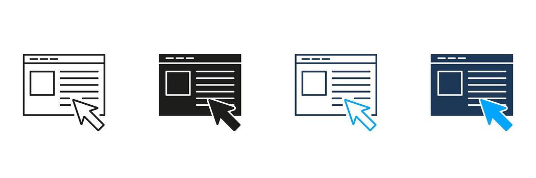 página web cursor Interacción línea y sólido icono colocar. usuario interfaz navegación y hacer clic acción símbolo recopilación. sitio web hojeada y en línea interacción. aislado ilustración vector
