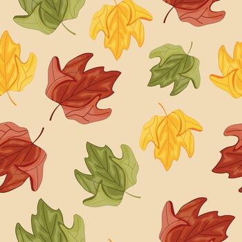 seamless pattern of icons of unfolded colored leaves of deciduous tree namely maple tree on brown background, for autumn textile, packaging or cards vector