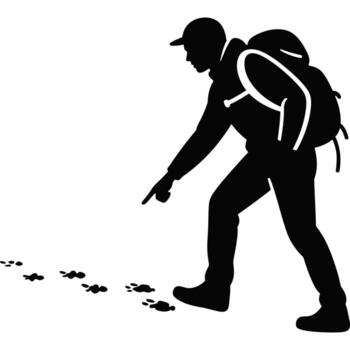 A striking silhouette of a hiker, cap on, pointing at a trail of footprints. This image captures the essence of exploration and tracking. vector