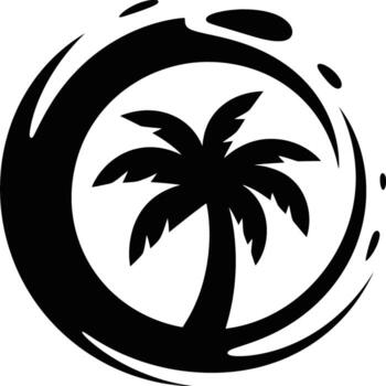 A black silhouette of a palm tree inside a circle with wave like designs on a white background vector