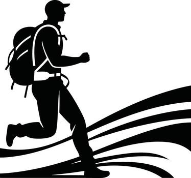 A silhouette of a man running with a backpack and wearing a cap against a white background vector