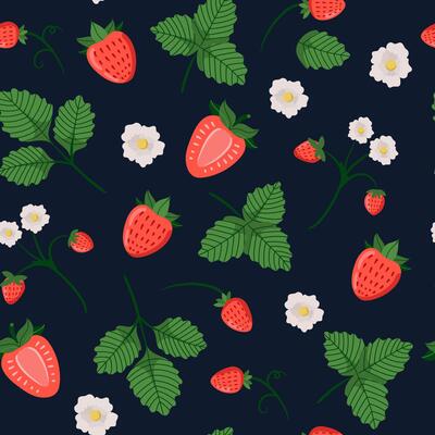 Strawberry seamless pattern. Red strawberries, flowers and leaves on dark blue background. Juicy summer berries pattern.
