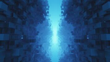 A futuristic and abstract digital tunnel features an endless pathway of geometric blue cubes with a central glowing cyan light, ideal for technology, data, or motion graphic backgrounds. video