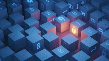 This conceptual 3D animation visualizes intricate security mechanisms within blockchain technology, showcasing glowing padlock symbols on data blocks, emphasizing data protection and digital security video