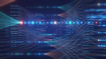 This sequence visually depicts an intricate network of glowing lines and particles, the vast flow of information, complex data processing, and interconnected systems in a modern, video