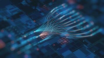 un astratto interpretazione raffigura vasto importi di informazione attraversando un' complesso, interconnesso digitale sistema, simboleggiante moderno tecnologia, artificiale intelligenza, e globale Rete video