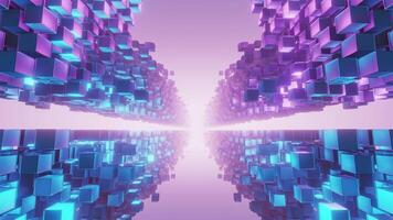 un resumen digital túnel compuesto de brillante azul y púrpura cúbico formas, reflejando en un superficie, creando un futurista camino dentro un brillante, etéreo ligero. video