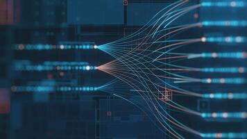 Questo concettuale illustra il flusso di vasto informazione, complesso algoritmi, e interconnesso sistemi, simboleggiante Avanzate tecnologia, analisi, e il futuro di digitale comunicazione. video