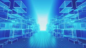 un resumen y futurista azul digital túnel, iluminado por un brillante ligero a sus fin, caracteristicas brillante translúcido cubitos formando sus paredes y un con patrón de cuadrícula piso, representando datos, redes, video