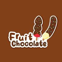 Fruit chocolate logo sticker featuring cute flat design of strawberry and banana on stick dipped in colorful chocolate with sprinkles perfect for dessert shop snack label or branding element vector
