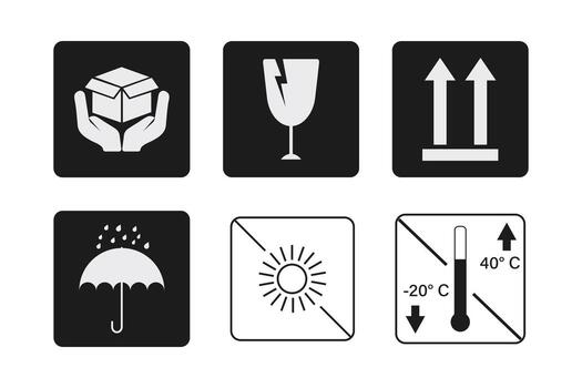 Shipping and Handling Icons Fragile, Upward, Protect from Rain, Sunlight, Temperature. vector