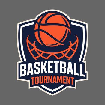 Kueri berhasil A dynamic orange basketball emblem with a net and BASKETBALL TOURNAMENT text, set within a blue and white shield on a grey background vector
