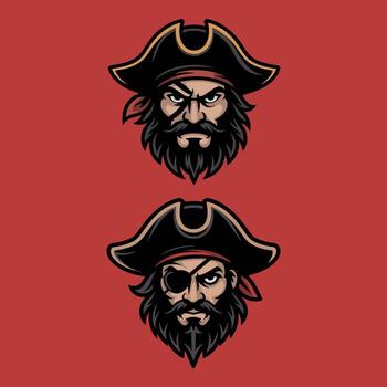 A Dynamic Duo of Aggressive Pirate Head Mascots, One with a Scar and One with an Eyepatch, on a Red Background vector