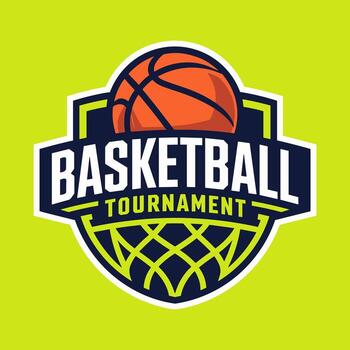 A dynamic orange basketball emblem with a net and BASKETBALL TOURNAMENT text, set within a blue and white shield on a vibrant lime green background vector