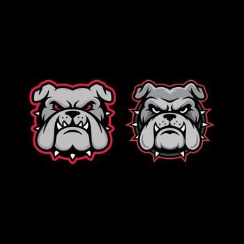 A Pair of Intense Gray Bulldog Head Mascots with Red Outlines and Spiked Collars on a Black Background vector