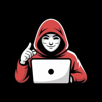 Anonymous Hacker Figure in Red Hood with V for Vendetta Mask and Laptop vector