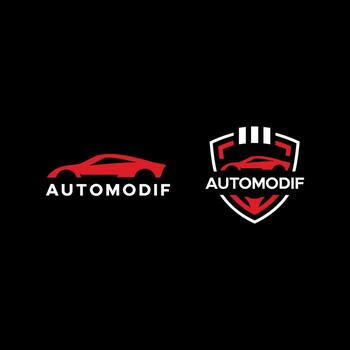 A Dynamic Automotive Modification Logo featuring a Red Sports Car Silhouette with a White Outline, and a Shield Emblem with the AUTOMODIF Text on a Black Background vector