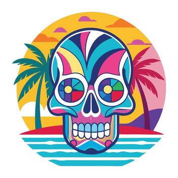 a colorful skull with palm trees and a sunset in the background vector