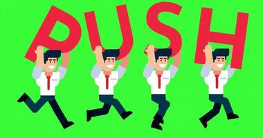 vier Geschäftsleute Laufen nach vorne während Tragen groß rot drücken Briefe Darstellen Motivation, Aktion, und Fortschritt im Geschäft video