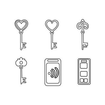 Hand drawn Keys. Various vintage, antique and modern Keys with ornate heads. Different types, sizes. All elements are isolated vector