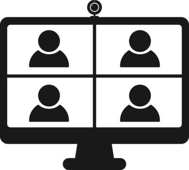 grupo llamada icono. minimalista silueta de Participantes en cuadrícula diseño en computadora monitor con cámara web, representando en línea reunión, equipo colaboración, o virtual conferencia vector