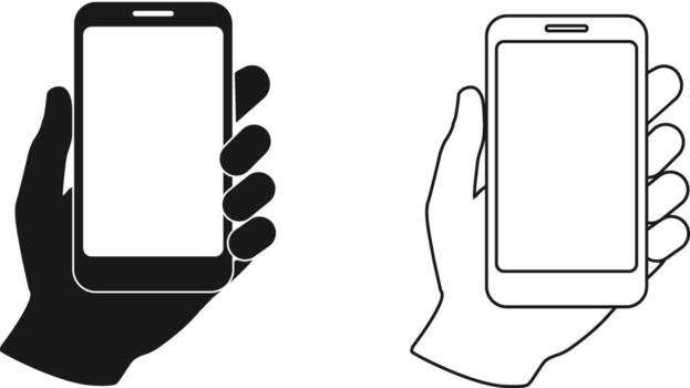 Hand Holding Smartphone Icon. Dual Style Silhouettes in Black and Outline for Mobile, UI, and Touchscreen Interaction Themes vector