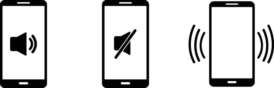 Smartphone Sound Mode Icons. Minimalist Silhouettes Depicting Sound On, Mute, and Vibrate Settings for Mobile Notification Control on a transparent background. vector