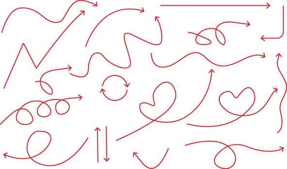 Hand-Drawn Arrow Line Icons . Red Silhouettes of Curved, Zigzag, Loop, and Heart-Shaped Movement Symbols for Directions, Flowcharts, and UI Emphasis vector