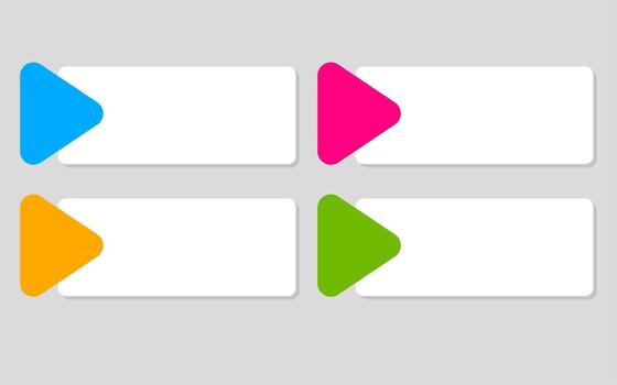 Infographic template shows four panels with headlines text and colorful triangle play buttons. vector