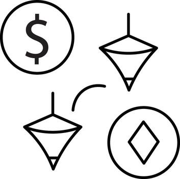 Cryptocurrency, digital coin, blockchain, finance, and investment concept with dollar symbol, spinning tops, and diamond shape icon in minimal line style vector