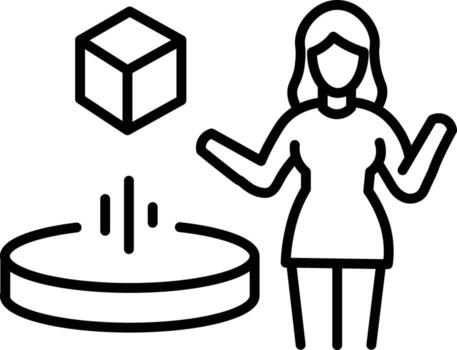 Woman cube hologram technology outline futuristic innovation digital display. woman stands beside floating cube hologram representing futuristic technology and digital innovation vector