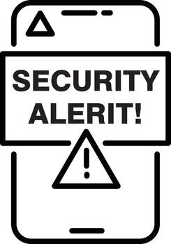 Security alert warning on smartphone screen, exclamation mark symbol, digital notification, cyber threat, urgent message, black and white line art, caution concept vector
