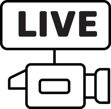 Live broadcast camera icon, black outline style, features camera with rectangular LIVE sign above, symbolizing real time streaming or online content creation vector