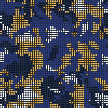 Digital camouflage of the LED screen. Halftone mosaic camo background, dots texture. Seamless pixel shape pattern. Blue, yellow, and white bright prints on fabric vector