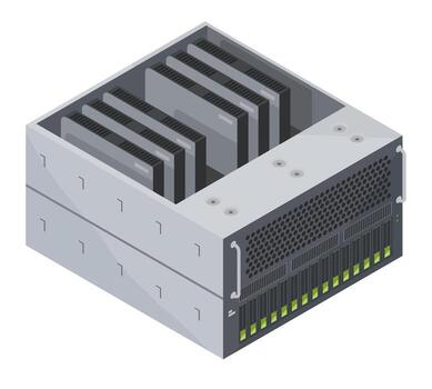 Isometric AI server rack components including GPU server infrastructure vector