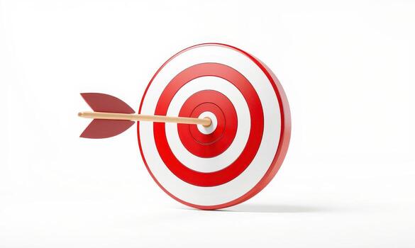 Red and white target with wooden arrow in the center on a white background achieving goal photo