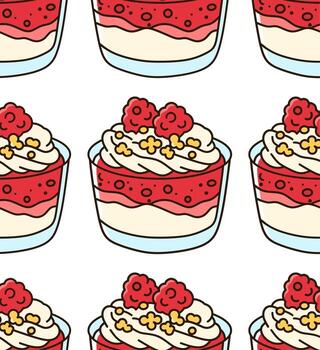 Seamless Pattern of Raspberry Cream Dessert Cups with Raspberry Toppings vector
